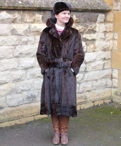 A vintage mink coat, hat and belt; size 10 - 12