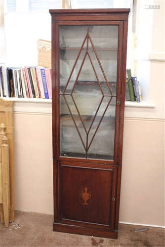 Mahogany Bookcase, approx 193 h x 61 w x 20 d cms, with decorative inlay depicting an urn