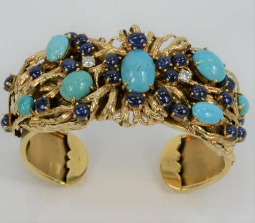 18 Karat Gold Cuff Bracelet Mounted with Two Diamonds,