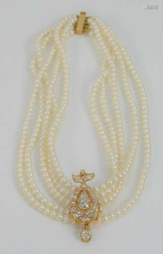 Cultured Pearl and Diamond Necklace, having five