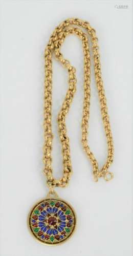 Gold Chain, with round plique de jour style pendant