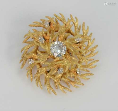 18 Karat Gold Brooch Set with Center Diamond,