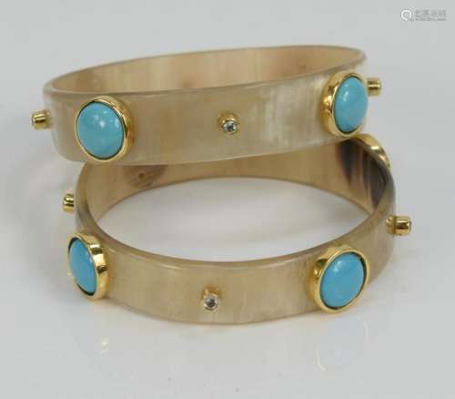 Pair of Horn Bangle Bracelets Mounted with Gold, set