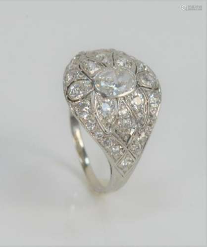 Platinum and Diamond Ring, with center oval diamond