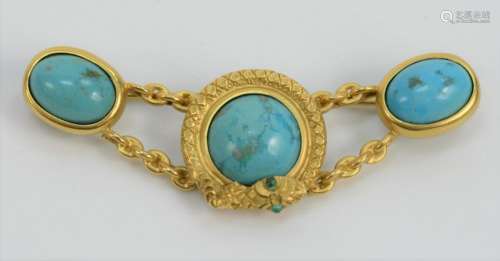 18 Karat Gold Brooch, mounted with three turquoise