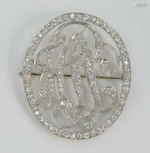 Custom Platinum and Diamond Initial Brooch. F H. 1 1/4