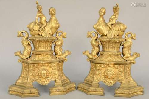 Pair of Louis XIV Gilt Bronze Chenets, Bronze Dore, top