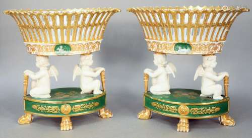 Pair of Sevres Style Porcelain Oval Compotes,