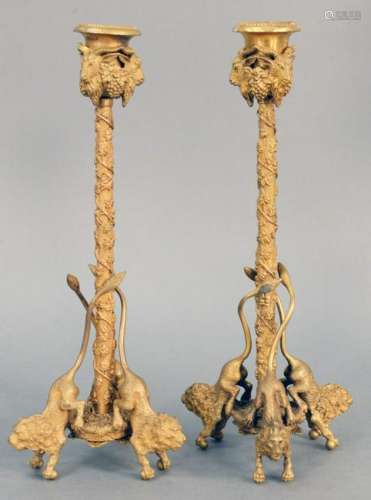 Pair of Gilt Bronze Lion Candlesticks, having goat mask
