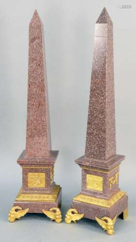 Pair of Large Neoclassical Style Obelisks, red granite