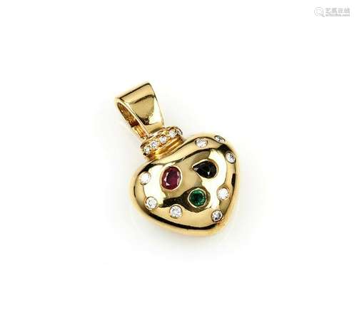 18 kt gold heart clip pendant with coloured stones and