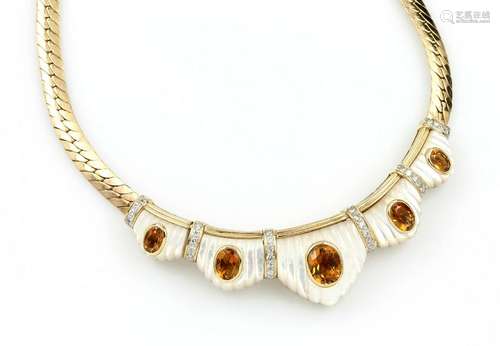 14 kt gold necklace with citrines, mother of pearl and