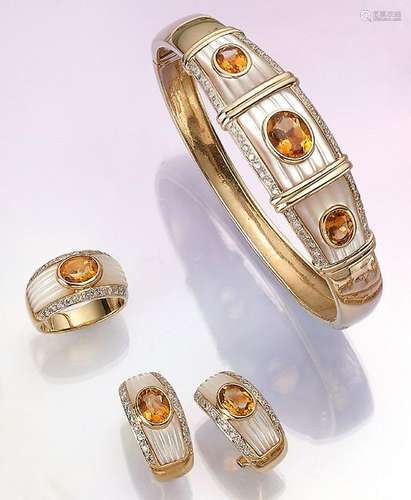 14 kt gold jewelry-set with citrines, mother of pearl