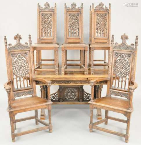 Thirteen Piece Oak Dining Set, gothic taste, to include