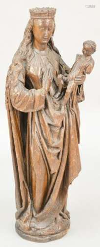 Large Carved Oak Madonna and Child Figure, 15th or 16th