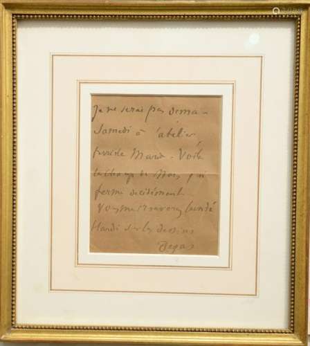 Edgar Degas (1834 - 1917), autograph letter to Madonna