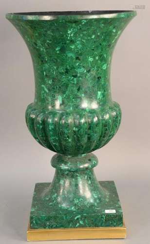 Large Russian Malachite Veneered Urn, on gilt base,