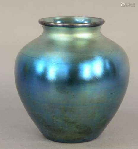 Steuben Blue Aurene Vase, bulbous shape hue iridescent,