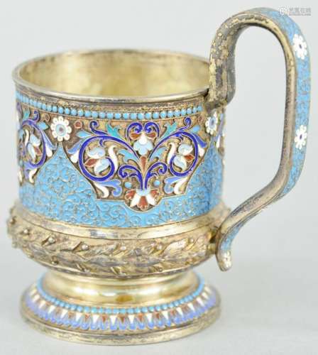Russian Silver Enameled Cup, having blue ground with