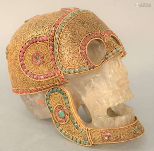 Large Mughal Style Rock Crystal Skull, filigree gilt