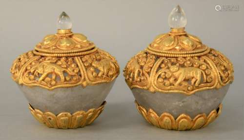 Pair of Gilt Bronze Mounted Rock Crystal Ritual Bowls
