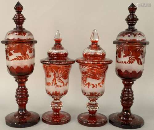 Group of Four Bohemian Covered Urns, large pair with
