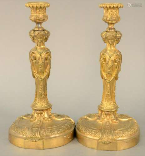 Pair of French Dore Bronze Candlesticks, 19th century,