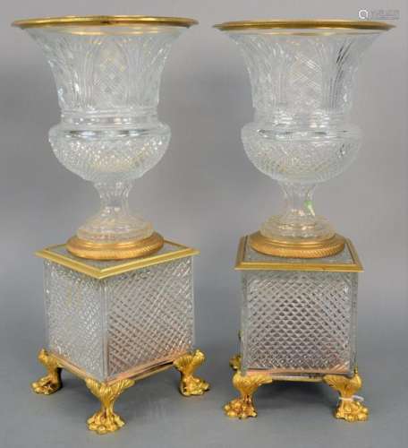 Pair of Large Cut Crystal and Bronze Dore Urns, each