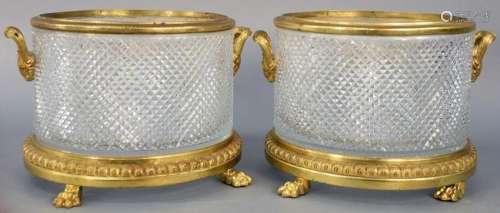 Pair of Crystal Round Urns, mounted with bronze rim and