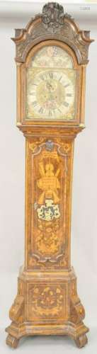 Dutch Tall Clock, having carved and marquetry inlaid