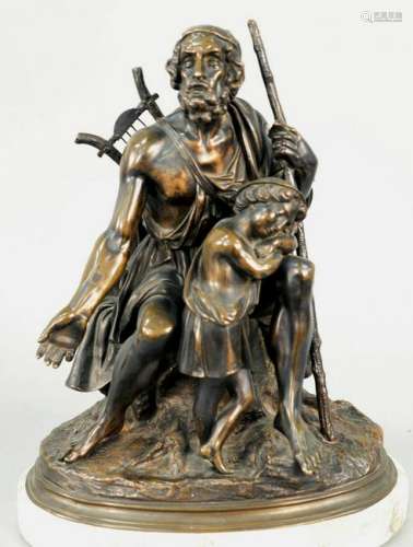 Bronze Sculpture of a Man with Walking Stick, wearing a