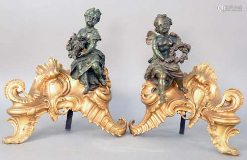 Pair of Louis XV Style Bronze Dore Figural Cabinets,