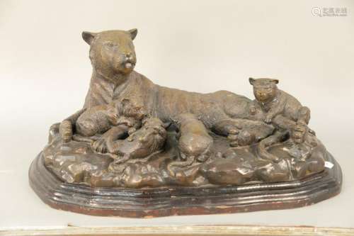 Large Bronze Figural Tiger Group, having mother tiger