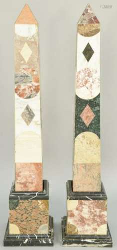 Pair of Monumental Specimen Marble Obelisks, on molded