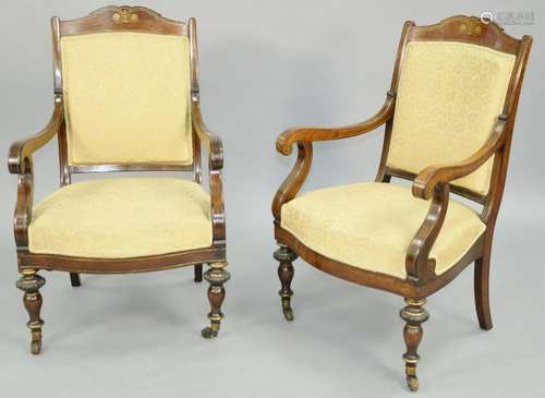 Pair of Regency Open Armchairs, brass inlaid rosewood,