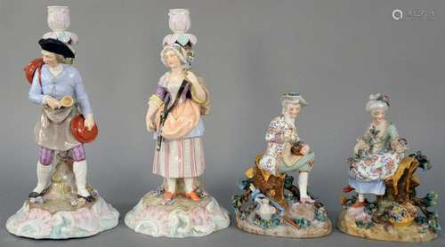 Two Pairs of Meissen Style Porcelain Figure, sitting on