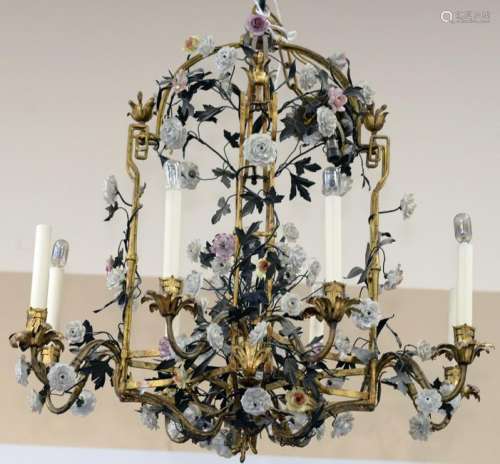 Rare Louis XV Tole and Gilt Metal Chandelier, mounted