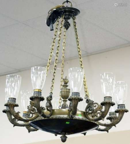 A Empire Bronze Ten Light Oil Lamp Chandelier, circular