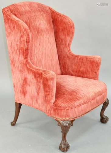 Margolis Custom Mahogany Upholstered Wing Chair, on