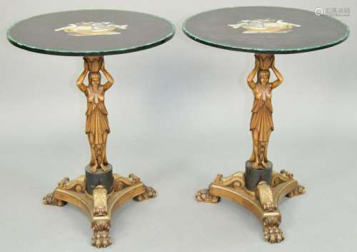 Pair of Micromosaic Inlaid Tables, on carved figural