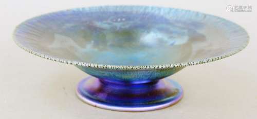 Tiffany Blue Favrile Art Glass Compote, low bowl in