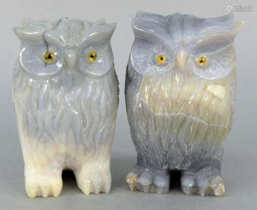 Pair of Carved Agate Owls, blue gray color with glass