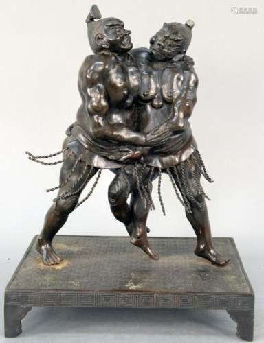Japanese Bronze Figural Group, two sumo wrestlers