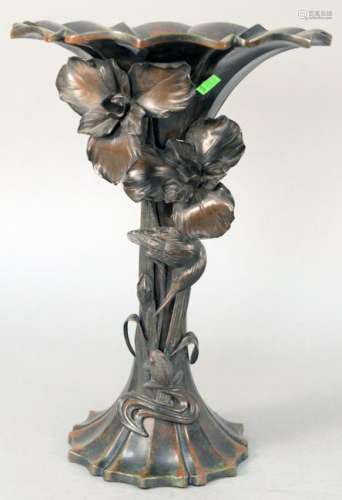 Large Bronze Tulip Form Vase, having high relief flower