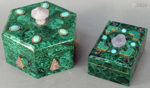 Two Malachite Boxes, six sided mounted with quartz