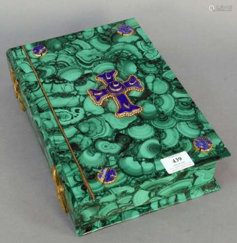 Malachite Book Form Box, mounted with large lapis and