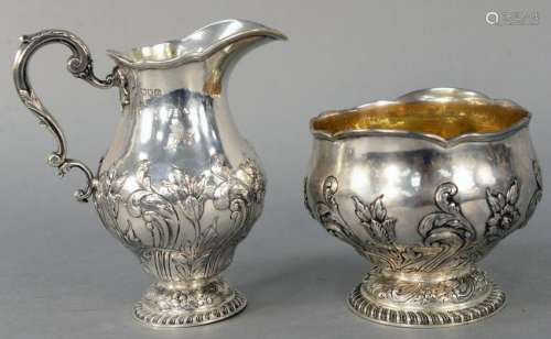 English Silver Creamer and Sugar, with repousse body on