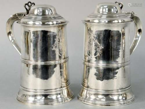 Pair of Georgian Silver Tankards, each with different