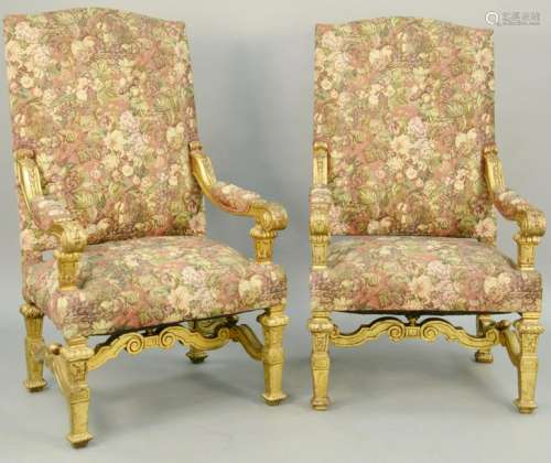Pair of Large Louis XIV Style Open Armchairs, carved