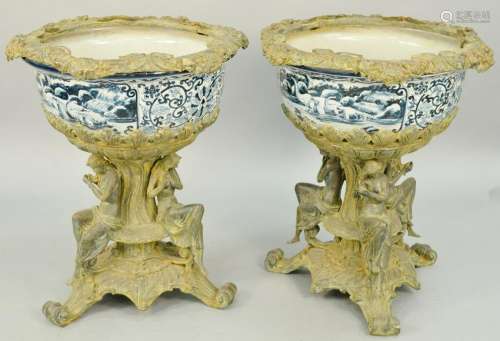 Pair of Large Blue and White Porcelain Jardinieres,